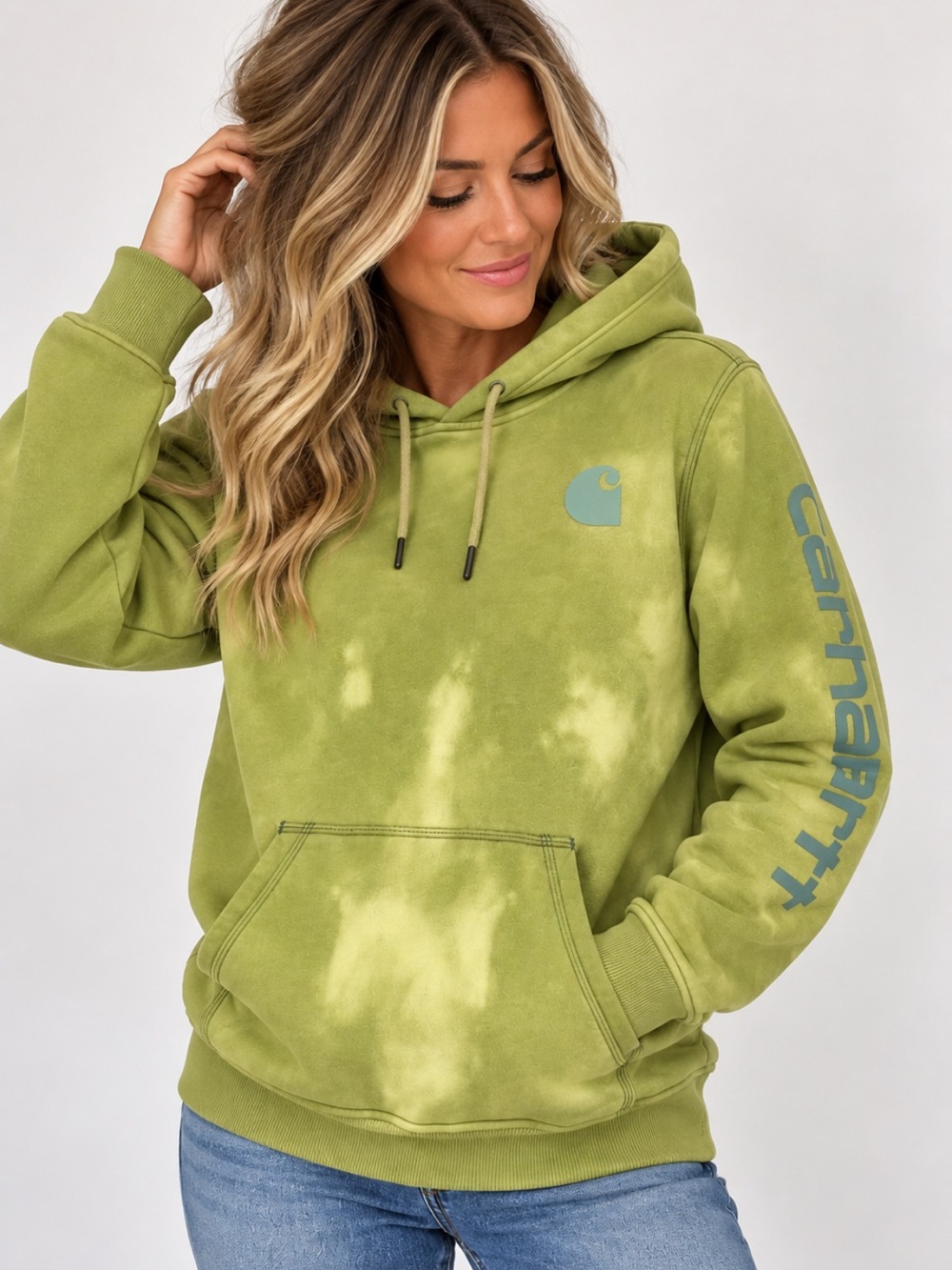 Carhartt Women's Relaxed Fit Green Tie Dye Logo Hoodie Medium